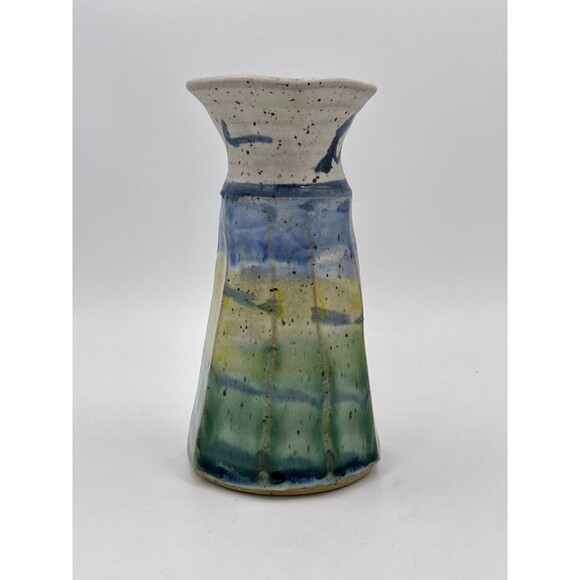 Handmade Studio Art Pottery Vase Signed MEG Sunset Glaze in Green, Yellow & Blue - Picture 3 of 10